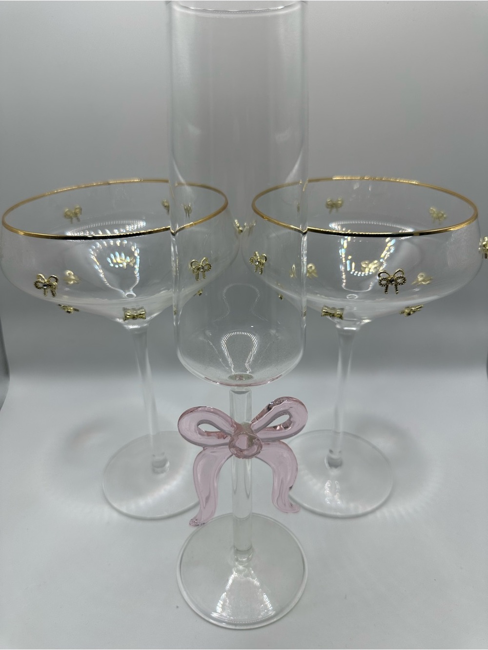 Gold-Trimmed Stemmed Glasses with Pink Bow Accent
